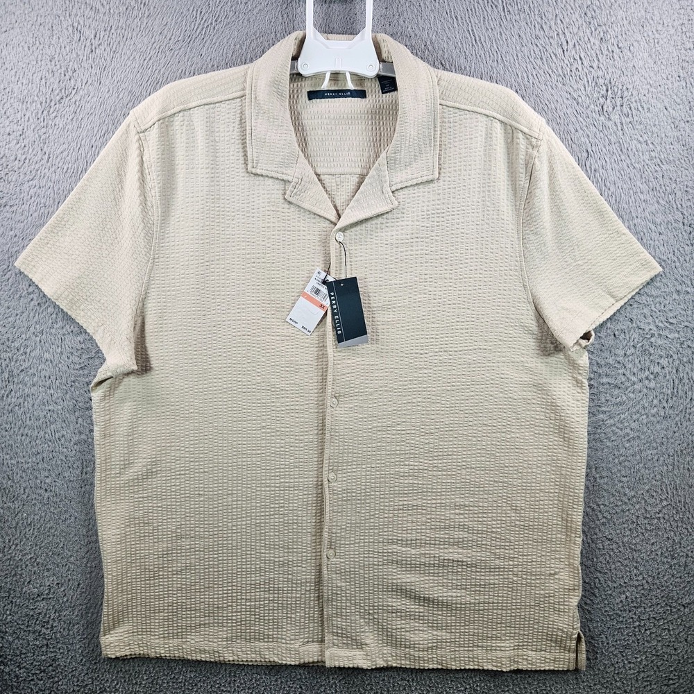 NEW Perry Ellis Casual Shirt Men 3X Button‎ Up Short Sleeve Cotton Beige